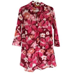 Roberta Freymann Pink Orange Ikat Cotton Button Down Shirt Dress Tunic Style XS